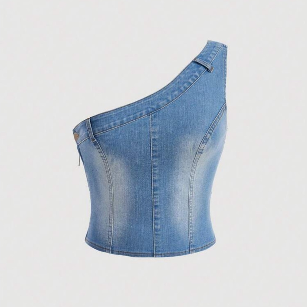 Light Wash One Shoulder Denim Top